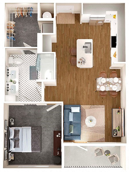 Floor plan for 1 bed, 1 bath, 735 sqft