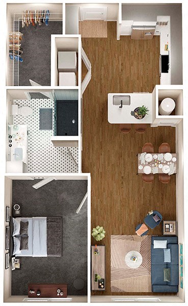 Floor plan for 1 bed, 1 bath, 731 sqft