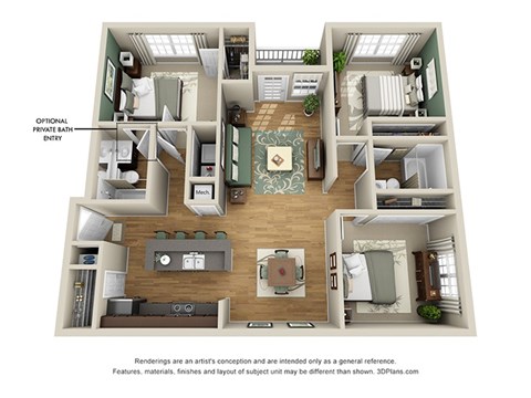 Floor plan for 3 beds, 2 baths, 1226 sqft