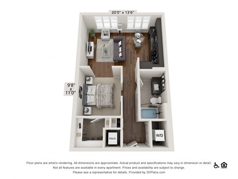 Floor plan for studio, 1 bath, 620 sqft