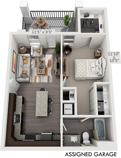 Floor plan for 1 bed, 1 bath, 644 sqft