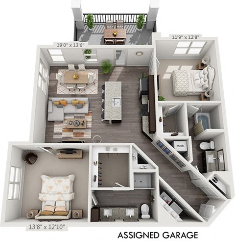 Floor plan for 2 beds, 2 baths, 1243 sqft