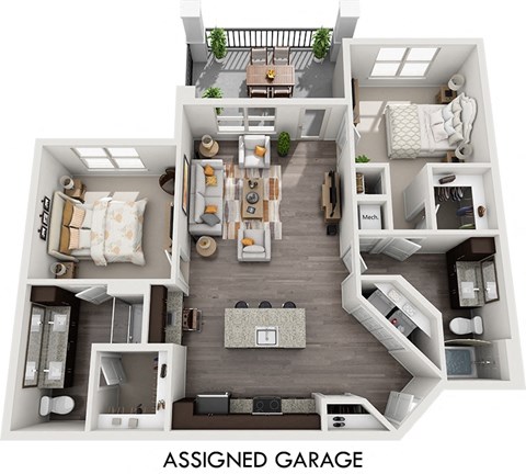 Floor plan for 2 beds, 2 baths, 1169 sqft