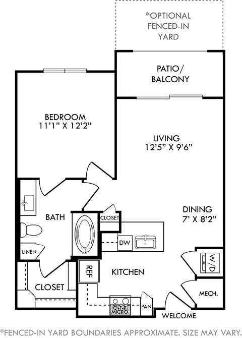 Floor plan for 1 bed, 1 bath, 690 sqft