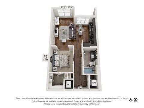 Floor plan for studio, 1 bath, 661 sqft