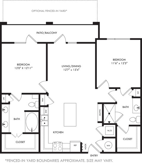 Floor plan for 2 beds, 2 baths, 1091 sqft