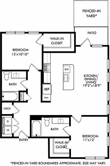 Floor plan for 2 beds, 2 baths, 1136 sqft