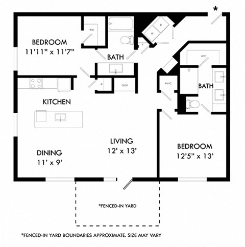 Floor plan for 2 beds, 2 baths, 1260 sqft