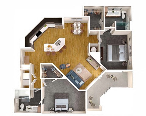 Floor plan for 2 beds, 2 baths, 1267 sqft