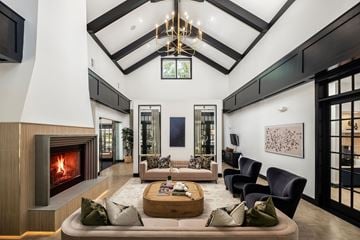 Charlotte apartment for rent - A modern living room with a fireplace and a large painting on the wall.