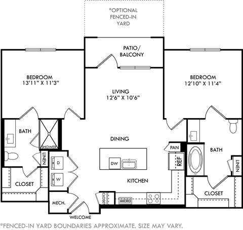 Floor plan for 2 beds, 2 baths, 1074 sqft