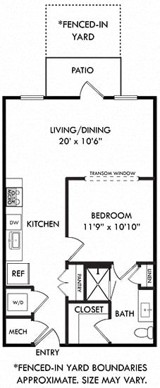 Floor plan for studio, 1 bath, 650 sqft