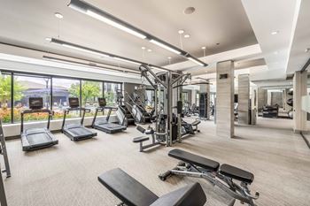 Cardio and strength training fitness center with echelon reflect mirror & bikes with on-demand classes, trx, skillmill, and pilates reformer