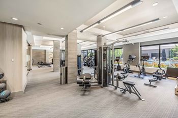 Cardio and strength training fitness center with echelon reflect mirror & bikes with on-demand classes, trx, skillmill, and pilates reformer