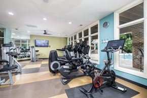 Cornelius apartment for rent - A gym with a row of stationary bikes and a television mounted on the wall.