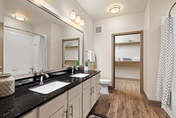 Black granite countertops in kitchen and bath