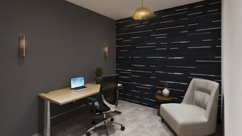 Indoor/outdoor remote work lounges including reservable work pods plus open booths and seating areas