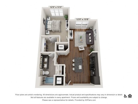 Floor plan for 1 bed, 1 bath, 726 sqft
