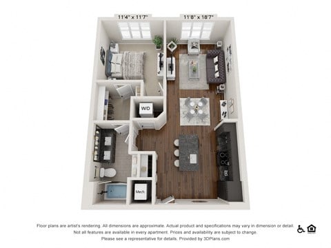 Floor plan for 1 bed, 1 bath, 766 sqft