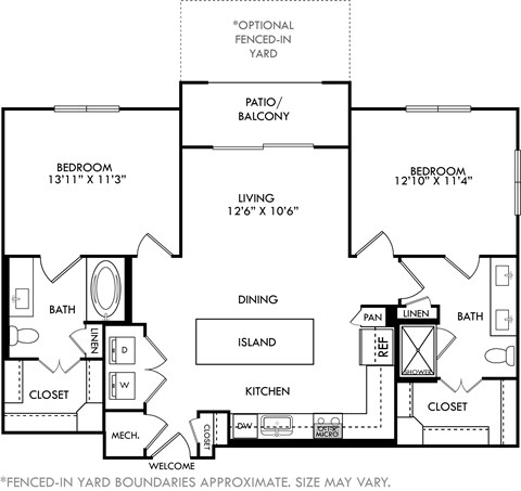 Floor plan for 2 beds, 2 baths, 1074 sqft