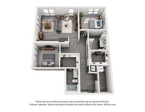 Floor plan for 2 beds, 2 baths, 1300 sqft