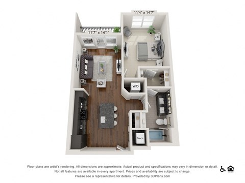 Floor plan for 1 bed, 1 bath, 768 sqft