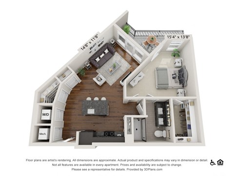 Floor plan for 1 bed, 1 bath, 769 sqft
