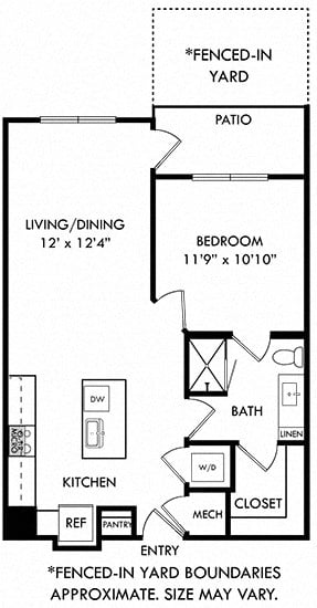 Floor plan for 1 bed, 1 bath, 750 sqft