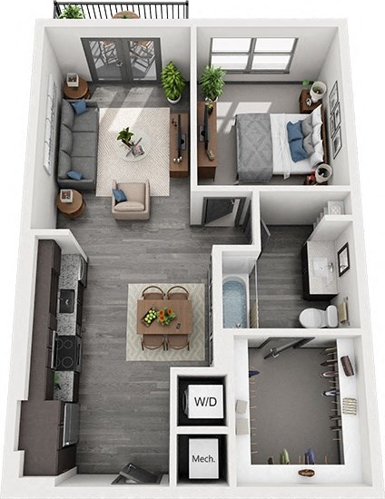 Floor plan for 1 bed, 1 bath, 768 sqft