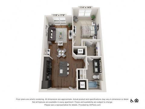 Floor plan for 1 bed, 1 bath, 792 sqft