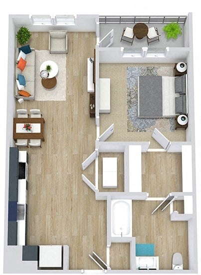 Floor plan for 1 bed, 1 bath, 750 sqft