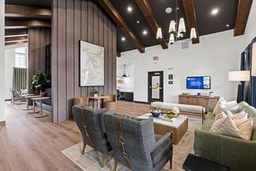 Wake Forest apartment for rent - A living room with a grey couch and a wooden floor.