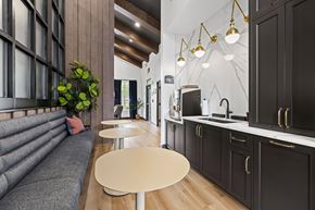 Wake Forest apartment for rent - A modern kitchen with black cabinets and a grey sofa.