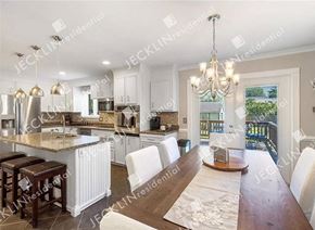 Richmond house for rent - a kitchen with a long wooden table and chairs
