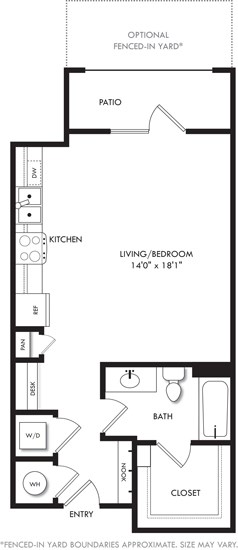 Floor plan for studio, 1 bath, 585 sqft