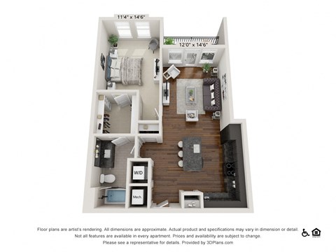 Floor plan for 1 bed, 1 bath, 804 sqft