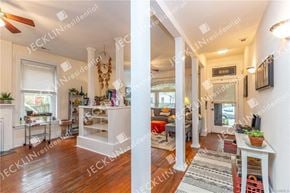 Richmond house for rent - A split image of a residential interior with a living room and a hallway.