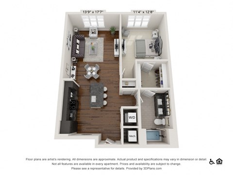 Floor plan for 1 bed, 1 bath, 840 sqft