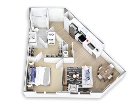 Floor plan for 1 bed, 1 bath, 649 sqft