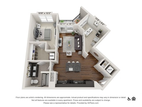 Floor plan for 1 bed, 1 bath, 861 sqft