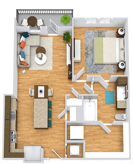 Floor plan for 1 bed, 1 bath, 738 sqft