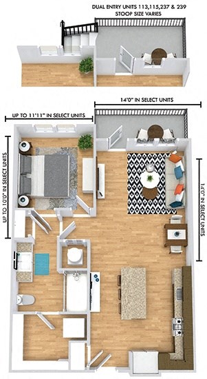 Floor plan for 1 bed, 1 bath, 761 sqft