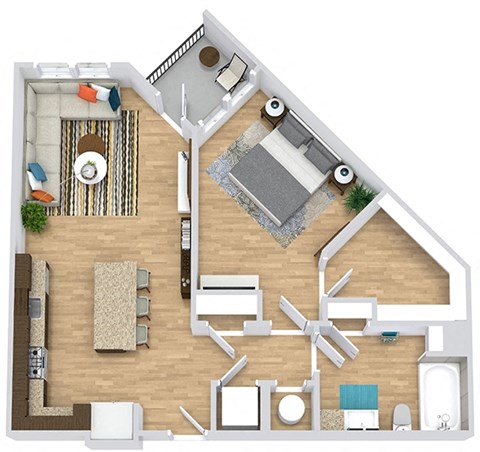 Floor plan for 1 bed, 1 bath, 848 sqft