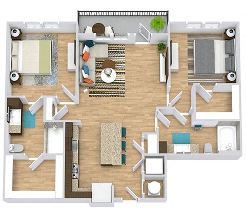 Floor plan for 2 beds, 2 baths, 1047 sqft