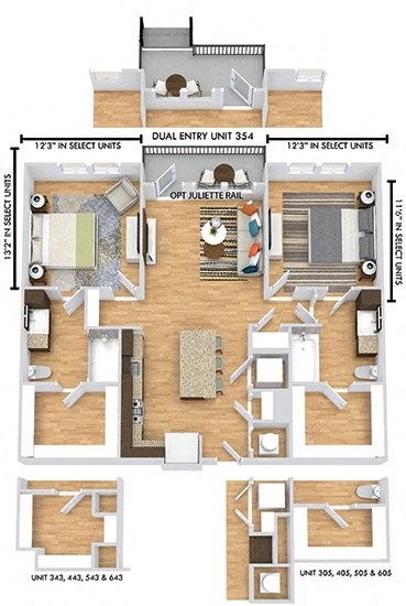 Floor plan for 2 beds, 2 baths, 1066 sqft