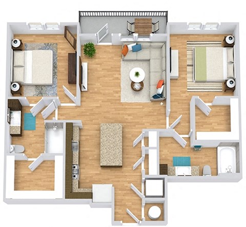 Floor plan for 2 beds, 2 baths, 1121 sqft