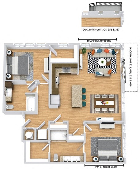 Floor plan for 2 beds, 2 baths, 1203 sqft