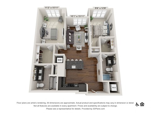 Floor plan for 2 beds, 2 baths, 1070 sqft