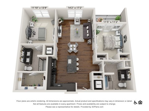 Floor plan for 2 beds, 2 baths, 1106 sqft