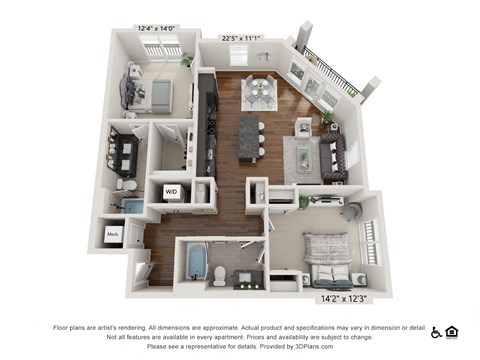 Floor plan for 2 beds, 2 baths, 1184 sqft